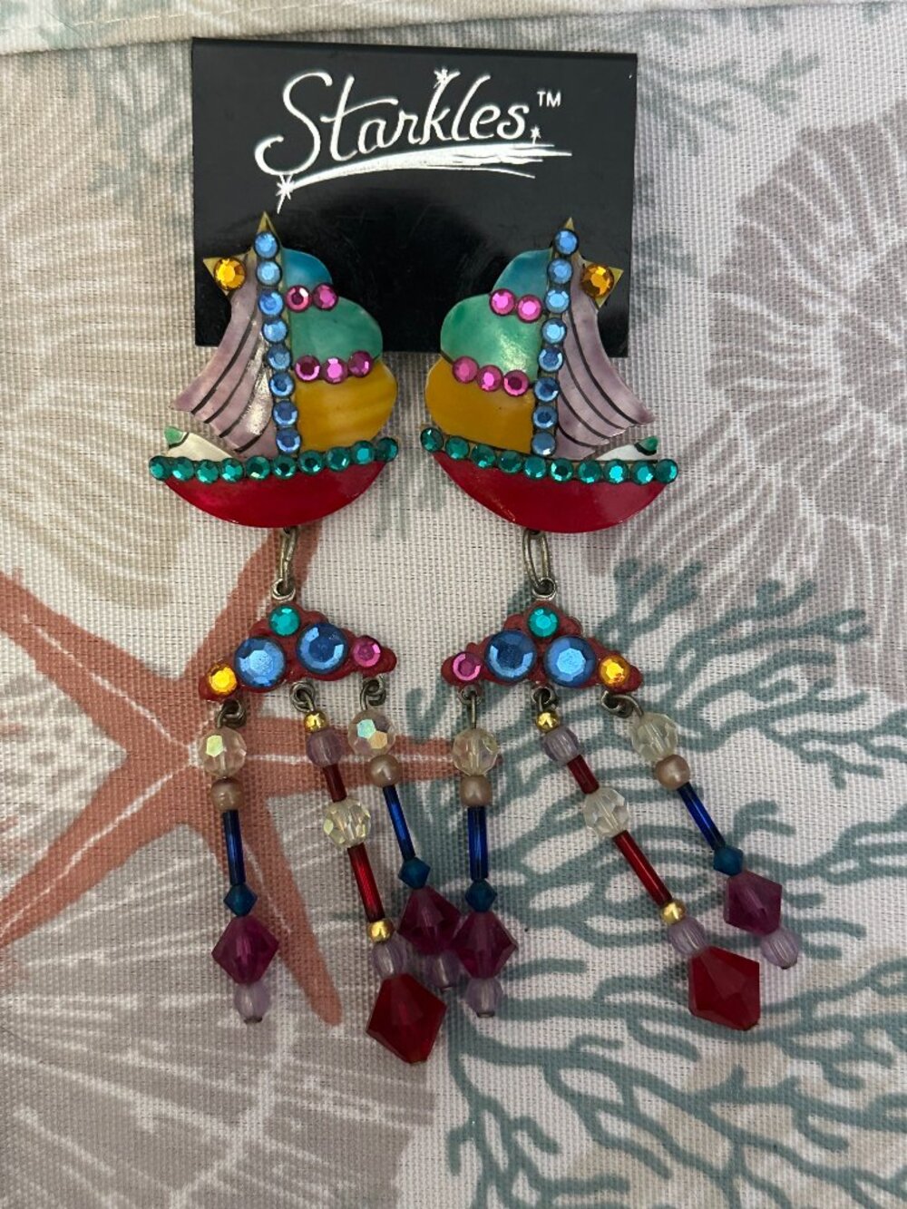 Starkles NEW Sailboat Dangle Earrings Colorful Rhinestone Nautical Statement - Picture 2 of 2